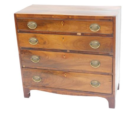 A George III mahogany and pine and sycamore inlaid chest of drawers, the caddy shaped top above an arrangement of four gradua