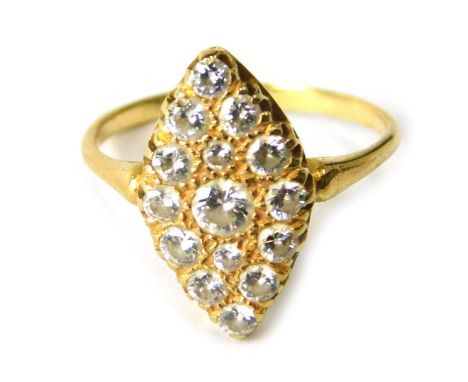 A marquise diamond dress ring, the central marquise set panel with round brilliant cut diamonds, ring size R, metal unmarked,