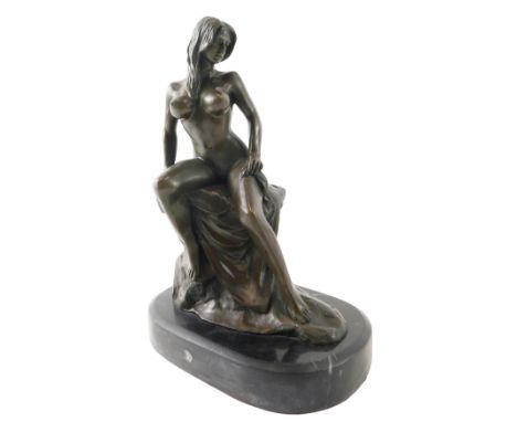 After Milo. Female nude seated on a rock, bronze, on marble base, 29cm high.&nbsp;