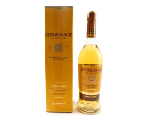 A bottle of Glenmorangie The Original Highland single malt Scotch whisky, aged ten years.