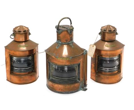 Three English and continental copper and brass ship's lanterns, Bakboord Bow, Starboord and Stuurboord, each converted to ele