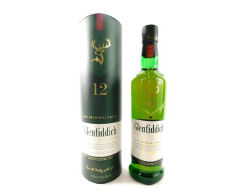 A bottle of Glenfiddich single malt Scotch whisky, aged twelve years, in original box and packaging. 