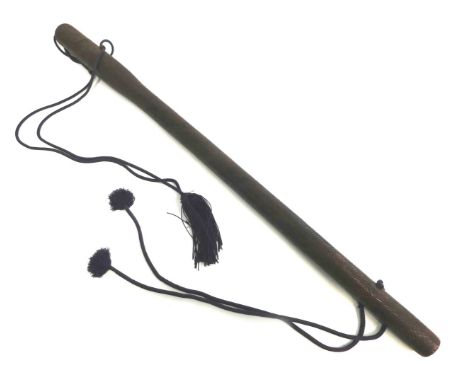 A woven Tribal basketware arrow holder or quiver, with blue rope bindings, 97cm long, and various arrows. 