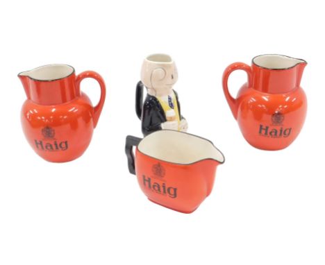 A Lancaster and Sandland Martell Cognac jug, and three Carltonware Haig Whisky jugs.