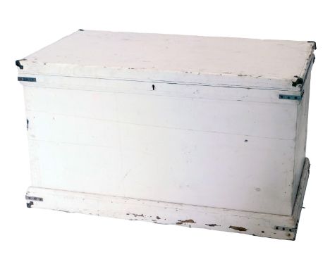 A large painted pine tool chest or blanket box, with later applied brass and ebonised metal corners, 61cm high, 106cm wide, 6
