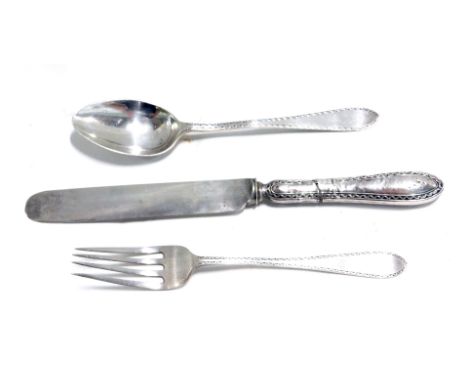 An Edward VII Mappin &amp; Webb silver three piece christening set, comprising fork, spoon and knife, the associated knife wi