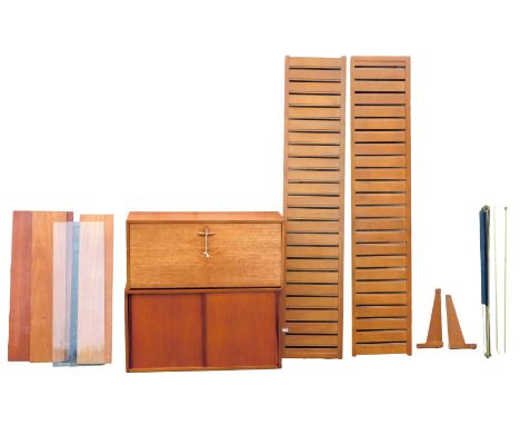 A single teak Ladder Rack unit, to include sides, gold painted metal supports, and two cupboards.
