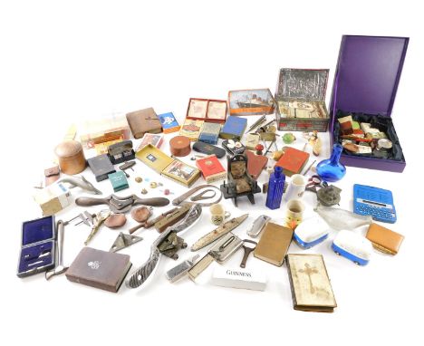 Miscellaneous items, to include a small mould, blue glass bottles, model of a ship, various tools, dolphin corkscrew, playing