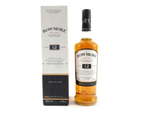 A bottle of Bowmore Islay single malt Scotch whisky, aged twelve years, in original box and packaging. 