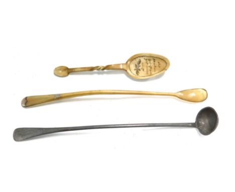 A Persian double end engraved spoon, a 19thC pewter ladle, and a long handled horn spoon. (3) 