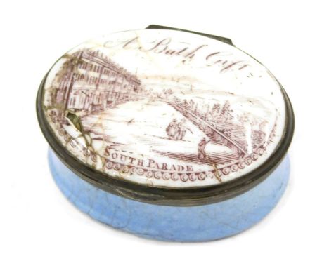A late 18th/early 19thC Bilston enamel patch box, the lid titled A Bath Gift showing a view of South Parade, interior with or