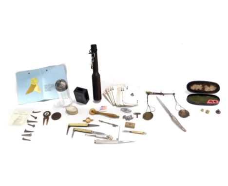 Miscellaneous items, to include a waited hardwood priest, ship's nails, scales, pewter match case, pastry cutter, penknives, 