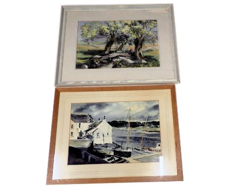 Monica Barry, Wetendlath Willows, Cumbria, watercolour, 35cm x 53cm, and a watercolour, signed Walter R Parker, harbour scene
