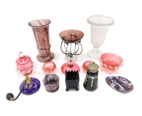 A quantity of glass, to include Edwardian black glass and enamel sugar shaker, cranberry glass, Davidson and other glass.