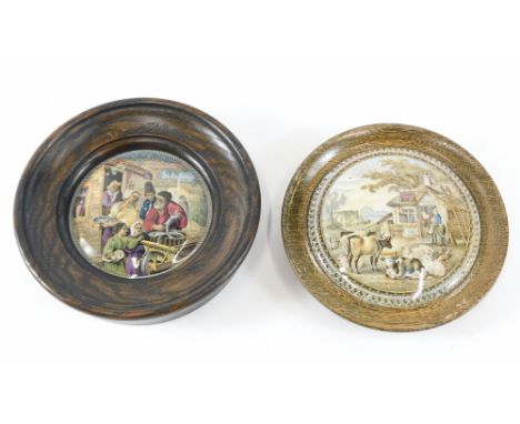 A 19thC Prattware pot lid, decorated with a rural scene, another of a fishmonger, both framed. 
