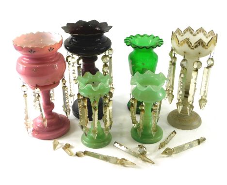 A Victorian opaque white and gilt table lustre, 32cm high, and five further examples, to include Mary Gregory style green tin