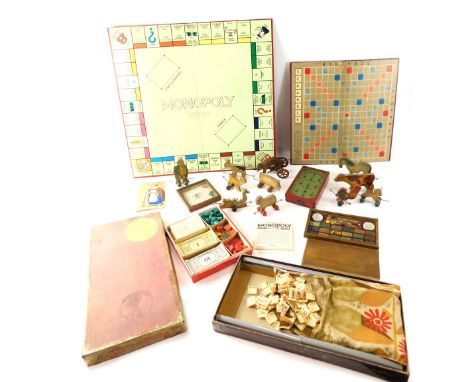 A quantity of toys and games, to include a laminated wood Chad Valley farmer and farmyard, pull along toy, pocket pinboard, e