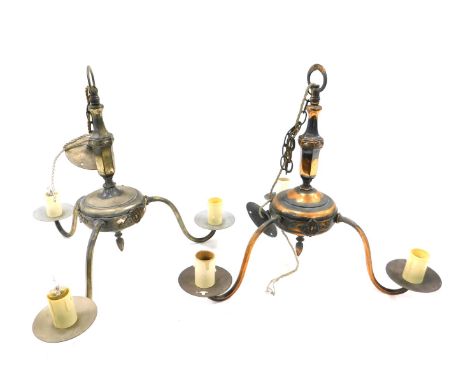 A patinated copper three branch light fitting, and a similar silver plated light fitting, 51cm wide. 