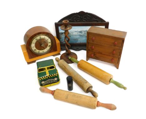 Miscellaneous items, to include a walnut mantel clock, miniature chest of three drawers, pipe rack, three rolling pins, tin p