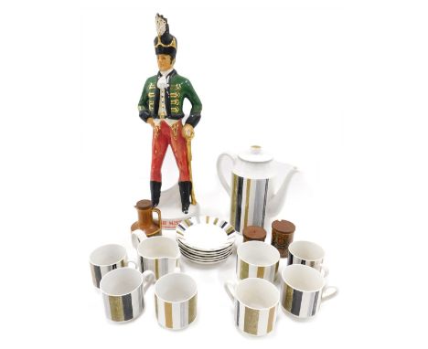 A Midwinter 1950s/60s studio type coffee service, with coloured stripe decoration and an Irish Mist whisky liqueur decanter m