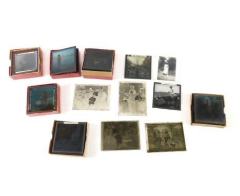 A quantity of Paget plates for a magic lantern, various subjects to include holiday type snaps, portraits within rural landsc