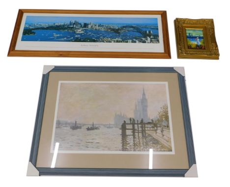 After Monet. Big Ben and River Thames London, coloured print, 46cm x 68cm, a print of Sydney Australia, and a small oil paint