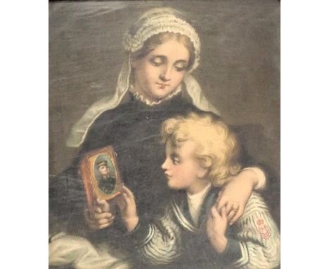After Jean-Baptiste Greuze. Lady with young child viewing miniature portrait, coloured lithograph, 16cm x 14cm, in gilt frame
