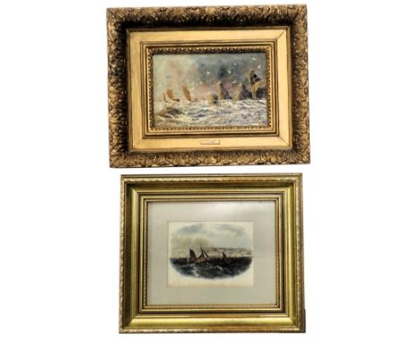 T.H.Penn. Coastal scene with sailing boats, oil on board, 14cm x 21cm, and a coloured lithograph.
