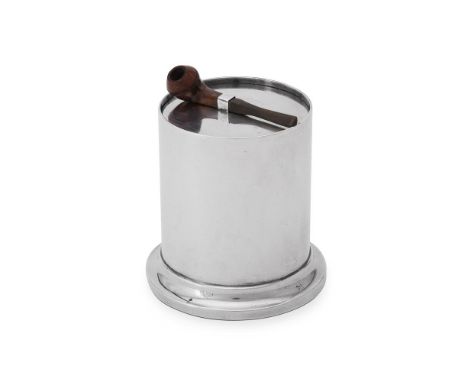 A SILVER CYLINDRICAL TOBACCO JAR 
FOWLER &amp; POLGLAZE LTD, LONDON 1935 (JUBILEE MARK) 
With a detachable small briar and co
