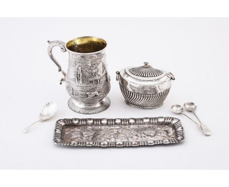 
	
		A COLLECTION OF SILVER ITEMS
		Comprising: a George III baluster mug by John King, London 1776, with a leaf capped doubl