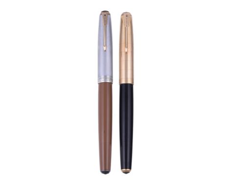 
	
		PARKER, 51, BLUE DIAMOND, TWO 1940S FOUNTAIN PENS
		Cap and barrel: First, the striated silver coloured cap with chevron