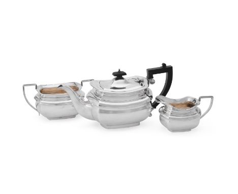 
	
		A SILVER OBLONG BALUSTER THREE PIECE TEA SERVICE 
		WILLIAM ADAMS LTD, BIRMINGHAM 1934 
		The tea pot with a compensatio