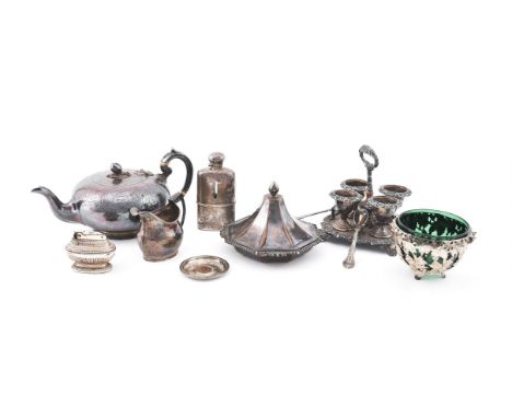 
	
		TWO SILVER ITEMS AND PLATED WARES 
		Including: an oval section silver mounted spirit flask by Asprey &amp; Co. Ltd, Lon