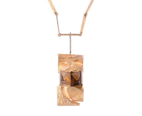 
	
		BJORN WERKSTROM, JANUS, A GOLD COLOURED QUARTZ NECKLACE 
		1970
		The rectangular shaped panel set with a step cut rock 