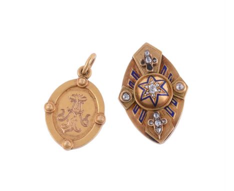 
	
		A VICTORIAN DIAMOND AND ENAMEL BROOCH AND A GOLD PENDANT
		The marquise shaped gold brooch with a central diamond set st