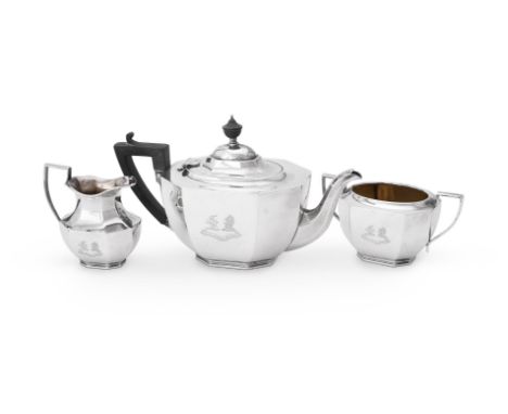 
	
		A CANADIAN SILVER CANTED RECTANGULAR THREE PIECE TEA SERVICE 
		BIRKS, MONTREAL, 1930S 
		The tea pot with an ebonised u