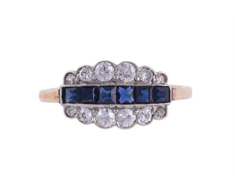 
	
		A MID 20TH CENTURY SAPPHIRE AND DIAMOND PANEL RING
		The lobed panel with a central row of channel set step cut sapphire