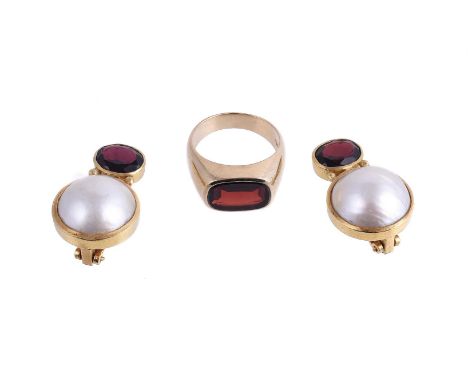 
	
		A PAIR OF MABÉ PEARL AND GARNET EAR CLIPS AND A GARNET RING
		The oval cut garnets with a circular mabé pearl below, sta