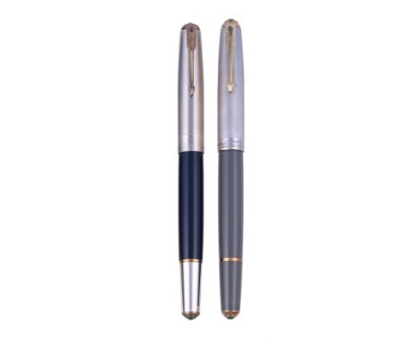 
	
		PARKER, 51, TWO CUSTOMISED FOUNTAIN PENS
		Cap and barrel:  First, the striated silver coloured cap with chevrons at lip