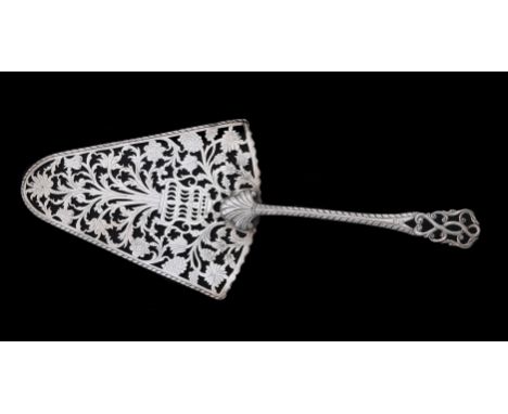 
	
		A GEORGE III SILVER PUDDING TROWEL OR FISH SLICE 
		EDWARD ALDRIDGE II, LONDON 1770 
		The triangular blade pierced and 