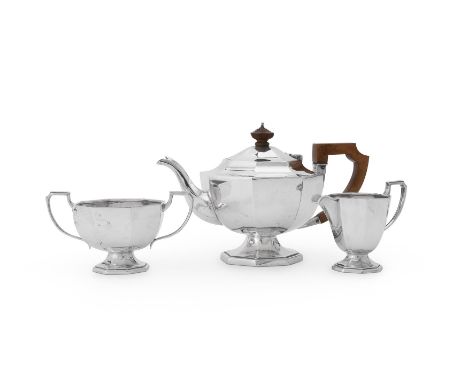 
	
		A MATCHED SILVER OCTAGONAL THREE PIECE TEA SERVICE 
		R.F. MOSLEY &amp; CO., SHEFFIELD 1913 AND 1918 
		The tea pot with