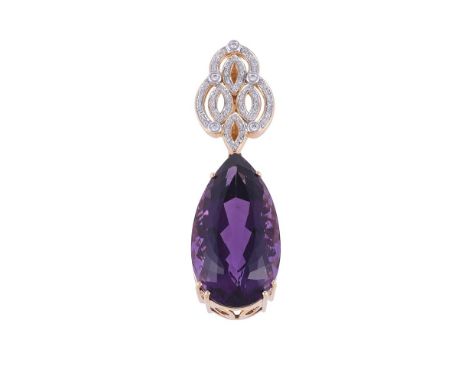 
	
		AN AMETHYST AND DIAMOND PENDANT
		The pear cut amethyst suspended from a brilliant cut diamond set pierced pendant, appr