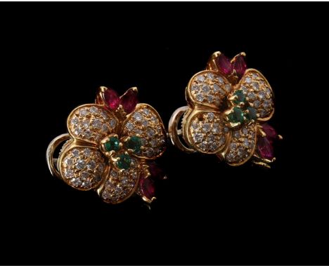 
	
		A PAIR OF GEM SET FLOWER HEAD EARRINGS 
		The pansy shaped panels pavé set with brilliant cut diamonds, approximately 1 