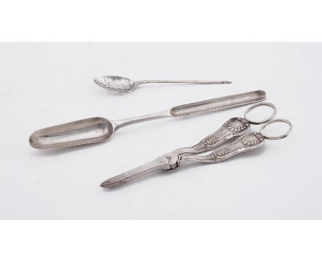 
	
		A GEORGE III SILVER MARROW SCOOP 
		HESTER BATEMAN, LONDON 1775 
		An early Victorian King's pattern grape scissors by S