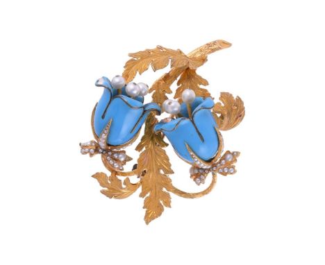 
	
		A MID 20TH CENTURY BLUE ENAMEL AND CULTURED PEARL FLOWER BROOCH
		The brooch with blue enamelled bell shaped flower head