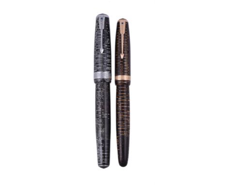 
	
		PARKER, VACUMATIC, BLUE DIAMOND, TWO 1940S FOUNTAIN PENS
		Cap and barrel:  First, Maxima, silver pearl, inked; second, 