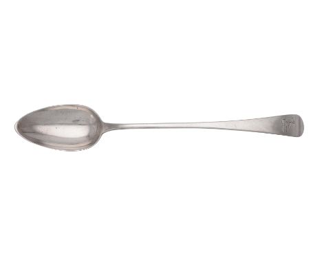 A GEORGE III SILVER OLD ENGLISH PATTERN GRAVY SPOON 
RICHARD CROSSLEY, LONDON 1805 
Engraved with a crest 
29cm (11 1/2in) lo