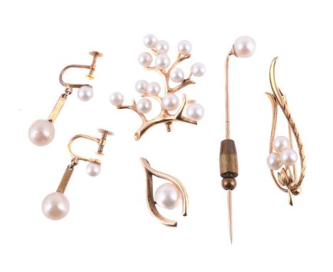 
	
		MIKIMOTO, A COLLECTION OF CULTURED PEARL JEWELLERY
		Comprising a blossom branch brooch, the gold coloured branch with c