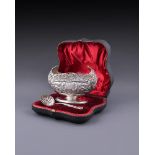 AN EDWARDIAN SILVER OVAL PEDESTAL SUGAR BOWL AND SIFTING SPOON, JOSIAH WILLIAMS & CO