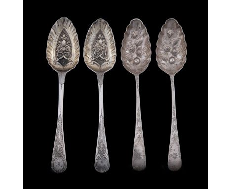 
	
		TWO PAIRS OF GEORGE III SILVER OLD ENGLISH PATTERN TABLE SPOONS 
		Later chased and engraved as berry spoons, the first 